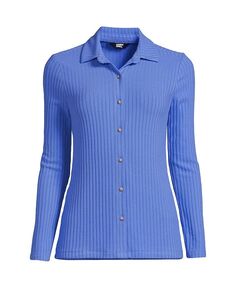 Женская рубашка поло с длинными рукавами и широкими пуговицами в рубчик спереди Lands&apos; End, синий