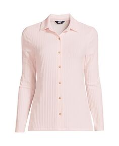 Женская рубашка поло с длинными рукавами и широкими пуговицами в рубчик спереди Lands&apos; End, розовый