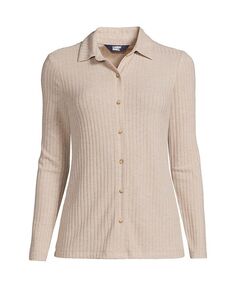 Женская рубашка поло с длинными рукавами и широкими пуговицами в рубчик спереди Lands&apos; End, коричневый