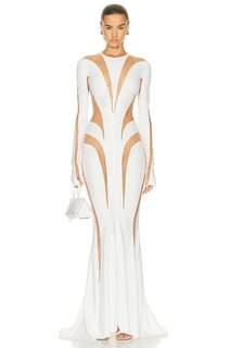 Платье Mugler Spiral Illusion Long, цвет White &amp; Nude 01