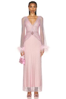 Платье Patbo Feather Trim Rhinestone Netted Plunge Gown, цвет Light Pink