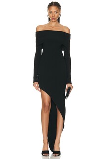 Платье David Koma Asymmetrical Long Sleeve Off Shoulder Knit Gown, черный