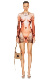 Платье Jean Paul Gaultier Printed Corps Long Sleeve High Neck Short, цвет Light Nude