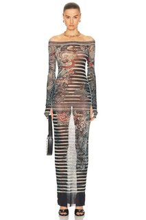 Платье Jean Paul Gaultier Printed Mariniere Tattoo Long Boat Neck, цвет Navy, Blue, &amp; White