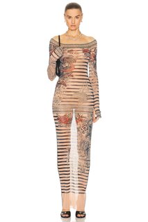 Платье Jean Paul Gaultier Printed Mariniere Tattoo Long Boat Neck, цвет Nude, Blue, &amp; Red