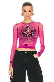 Топ Jean Paul Gaultier Printed Safe Sex Tattoo Long Sleeve Crew Neck, цвет Pink Shocking