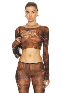 Топ Jean Paul Gaultier X KNWLS Boat Neck Long Sleeve Scratch Wood Cropped, цвет Brown &amp; Ecru