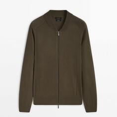 Кардиган Massimo Dutti Wool And Cotton Blend Knit Zip-up, хаки