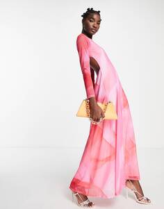 Розово-красное акварельное платье макси с длинными рукавами Topshop