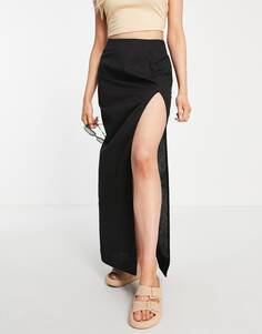Черная льняная юбка макси с разрезом ASOS DESIGN