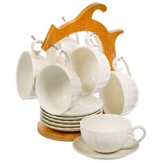 Набор чайный керамика, 12 предметов, на 6 персон, 190 мл, бамбуковая подставка, Y4-6613, подарочная упаковка