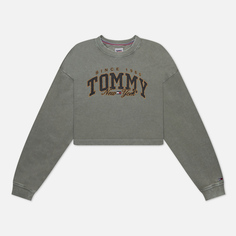 Женская толстовка Tommy Jeans Cropped Luxe Varsity Crew Neck, цвет зелёный, размер M