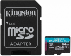 Карта памяти MicroSDXC 64GB Kingston SDCG3/64GB UHS-II Class U3 V30 A2, чтение: 170Мб/с, запись: 70Мб/с, с адаптером