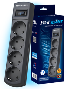 Сетевой фильтр ZIS Pilot m-Max 7м, 4 розетки (евро с заземлением), 15А/3.3кВа, автомат, черный (1151243/1000506914)