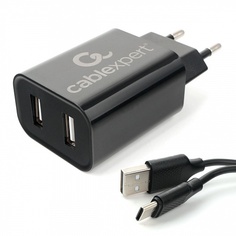 Зарядное устройство сетевое Cablexpert MP3A-PC-37 100/220V-5V, USB 2 порта, 2.4A, черное с кабелем