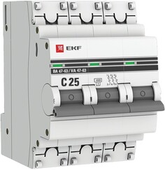 Автоматический выключатель EKF mcb4763-3-25C-pro трехполюсный 25А С ВА47-63 4.5кА PROxima