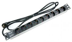 Блок розеток 19", 9 розеток Cabeus PDU-9P-2EU для 19" шкафов, горизонтальный, 16 A, без выключателя, шнур 2м, алюминиевый корпус, немецкий стандарт