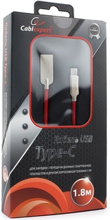 Кабель интерфейсный USB 2.0 Cablexpert CC-P-USBC02R-1.8M AM/Type-C, серия Platinum, длина 1.8м, красный, блистер