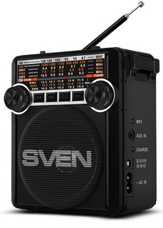 Радиоприемник Sven SRP-355 SV-017125 черная, 3Вт, USB, SD/microSD, FM/AM/SW, фонарь, встроенный аккумулятор