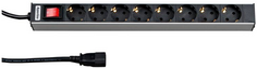 Блок розеток 19", 8 розеток Hyperline SHZ19-8SH-S-IEC горизонтальный, с выключателем с подсветкой, разъем IEC320 C14, без кабеля питания, корпус алюми