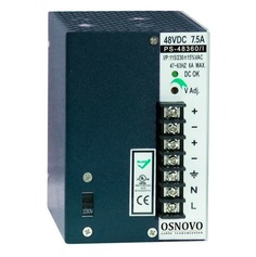 Блок питания OSNOVO PS-48360/I промышленный. DC48V, 7,5A (360W). Диапазон входных напряжений: AC115, 230V. КПД: 83%. Регулировка выходного напряжения