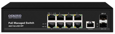 Коммутатор PoE OSNOVO SW-80802/L(150W) на 8 RJ45 PoE + 2 x GE SFP, 8 x GE (10/100/1000 Base-T) PoE (IEEE 802.3af/at), 2 x GE SFP (1000 Base-X). PoE IE