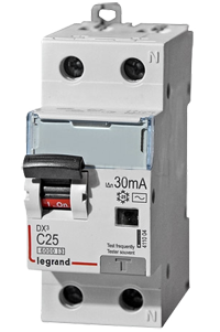 Автоматический выключатель дифф. тока (АВДТ) Legrand 411004 DX³ 6000 - 10 кА - тип характеристики С, 1П+Н, 230 В~, 25 А, тип AС, 30 мА, 2 модуля