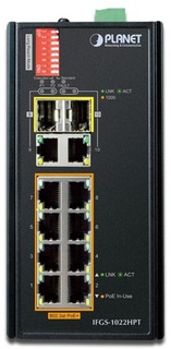 Коммутатор промышленный Planet IFGS-1022HPT Industrial 8-Port 10/100TX 802.3at PoE + 2-Port Gigabit TP/ SFP combo Ethernet Switch (-40~75 degrees C)