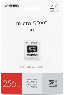 Карта памяти 256GB SmartBuy SB256GBSDCL10U3-01 MicroSDXC Class 10 Pro UHS-I U3 (70/90 Mb/s) + SD адаптер