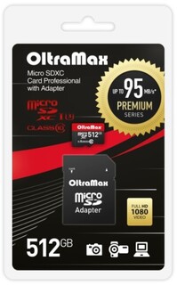 Карта памяти MicroSDXC 512GB OltraMax OM512GCSDXC10UHS-1-PrU3 Class 10 Premium UHS-I U3 (95 Mb/s) + SD адаптер