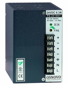 Блок питания OSNOVO PS-24150/I промышленный. DC24V, 6,3A (150W). Диапазон входных напряжений: AC100-240V. КПД: 82%. Регулировка выходного напряжения в