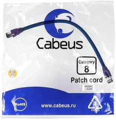 Кабель патч-корд SSTP 8 кат. 0,3м Cabeus PC-SSTP-RJ45-Cat.8-0.3m-LSZH 2xRJ45/8p8c, экранированный, синий, LSZH