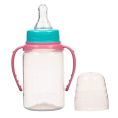 Бутылочка для кормления, классическое горло, 150 мл., от 0 мес., цилиндр, с ручками, цвет бирюзовый/розовый Mum&Baby