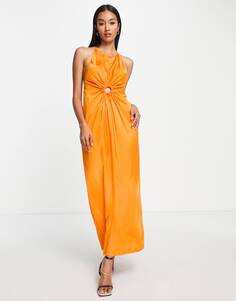 Оранжевое атласное платье-комбинация миди Topshop с вырезом на шее