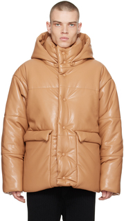 Куртка-пуховик из светло-коричневой кожи из веганской кожи Nanushka