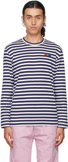 Бело-темно-синяя футболка с длинным рукавом с двойным сердечком Comme des Garçons Play