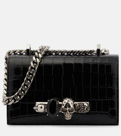 Кожаная мини-сумка через плечо Satchel с драгоценными камнями Alexander McQueen, черный