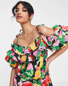 Разноцветное платье мини с ярким цветочным принтом и оборками Topshop