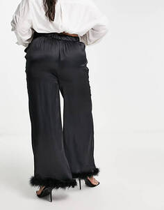 Черные атласные широкие брюки с пышной отделкой Yours Exclusive