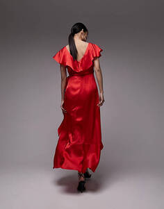 Темно-красное платье миди с оборками и запахом Topshop