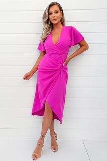 Розовое платье-миди с v-образным вырезом и запахом короткими рукавами и золотой пряжкой AX Paris, розовый