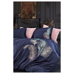 Комплект постельного белья из хлопкового атласа с кружевной вышивкой, темно-синий для двуспального места Dantela