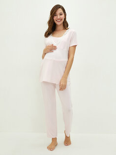 Пижамный комплект для беременных с V-образным вырезом и кружевом с короткими рукавами LCW DREAM