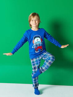 Пижамный комплект для мальчика с круглым вырезом и длинными рукавами с принтом LCW Kids, средний синий