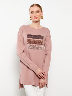 Женская футболка с длинным рукавом и вышивкой пайетками и круглым вырезом LCWAIKIKI Classic, грязно-розовый