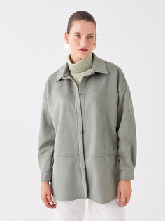 Простая женская замшевая куртка-рубашка оверсайз с длинным рукавом LCWAIKIKI Classic, сизый