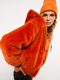 Простое плюшевое женское пальто с капюшоном и длинными рукавами LCW Casual, матовый оранжевый
