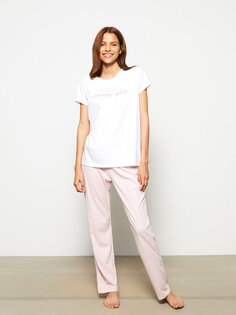 Женский пижамный комплект с короткими рукавами и круглым вырезом с принтом LCW DREAM, розовый меланж