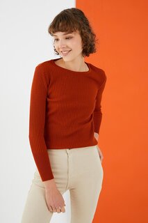 Женский светло-коричневый базовый свитер узкого кроя с круглым вырезом в рубчик Z Giyim