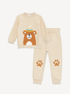 Комплект из 2 предметов: толстовка и спортивные штаны для маленьких мальчиков с круглым вырезом и длинными рукавами с принтом LCW baby, светло-бежевый